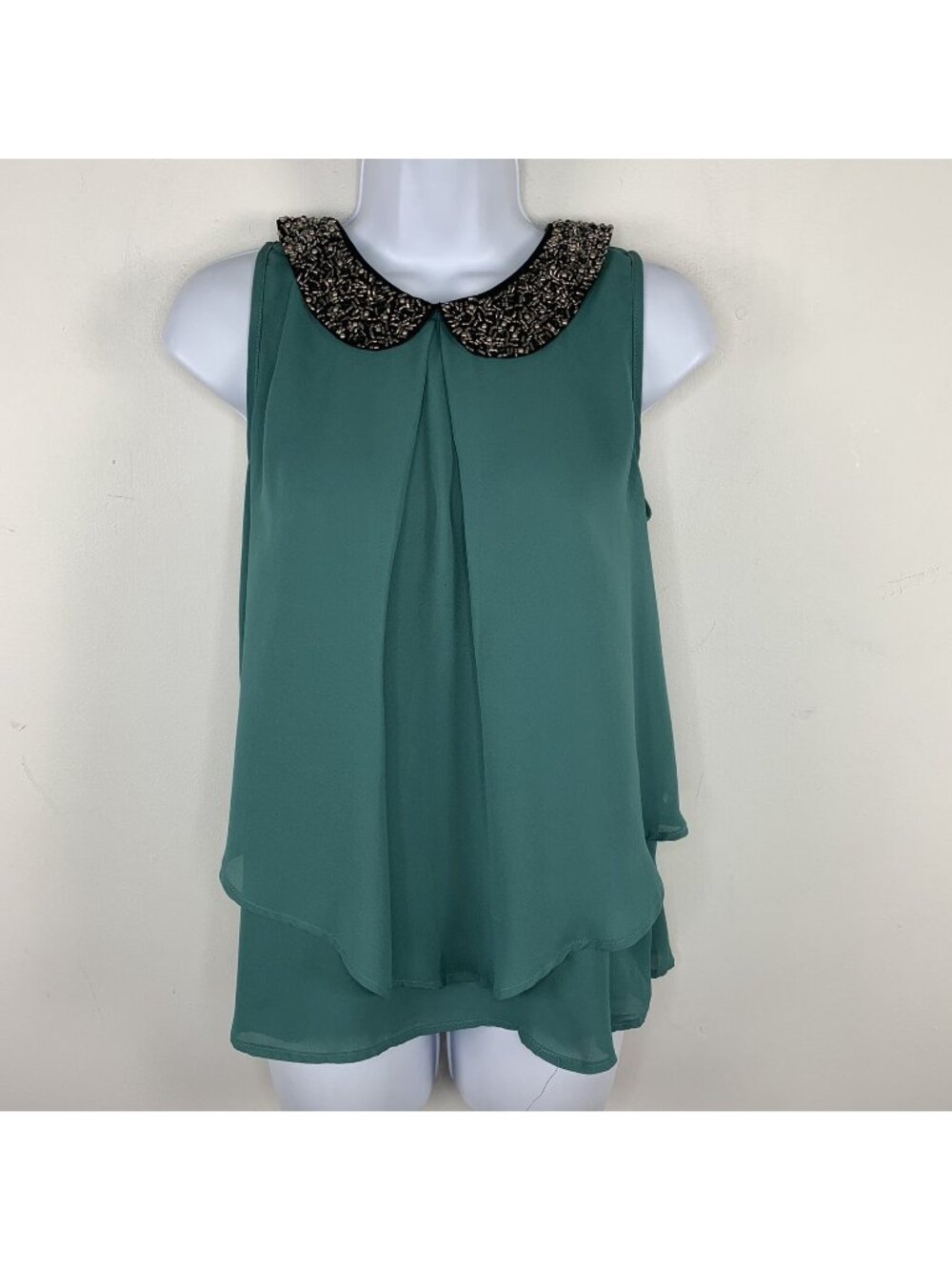 Soprano Green Embellished Collar Top Sz S Sleeveless Layered Chiffon Blouse
